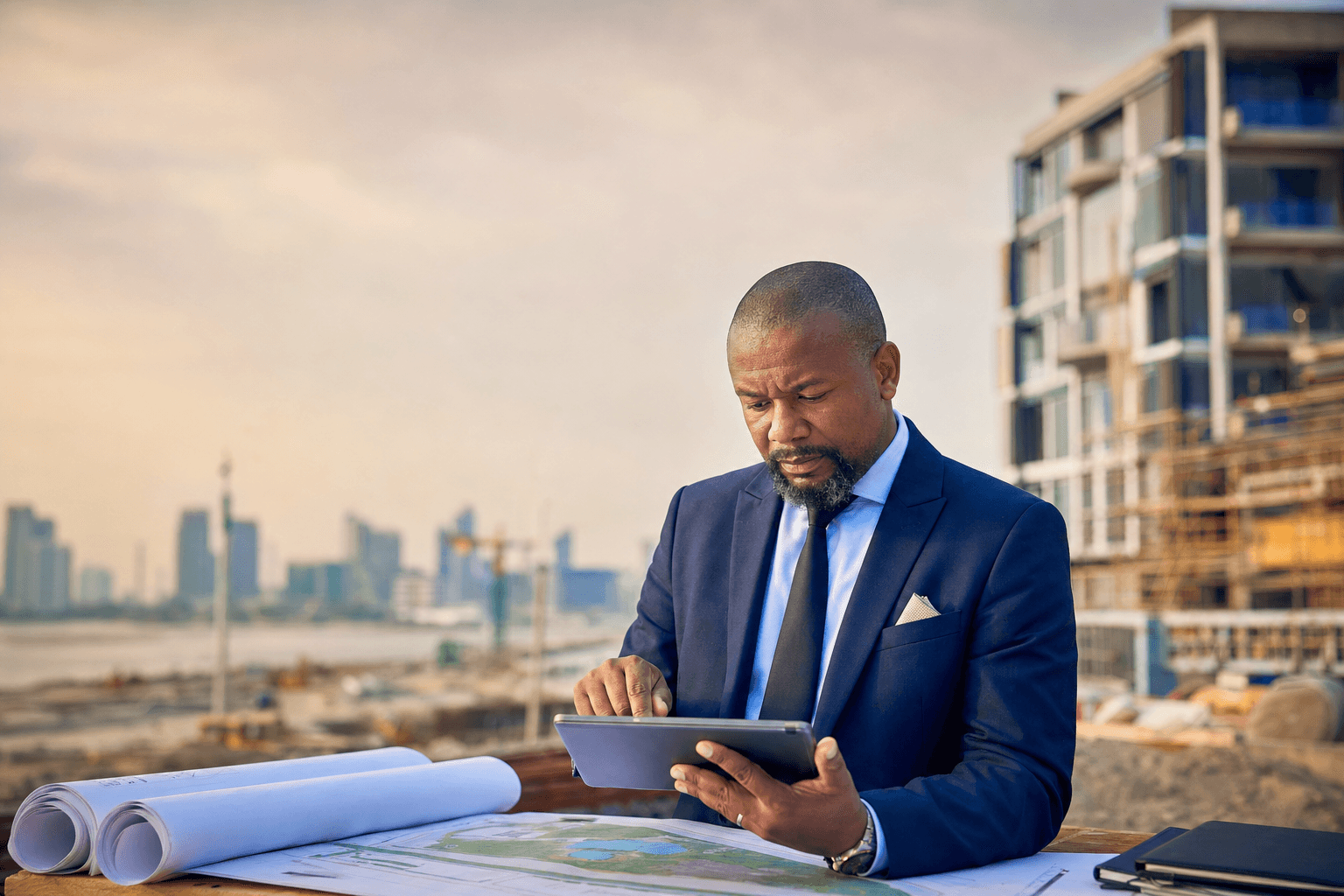 Real estate developer reviewing plans and survey documents