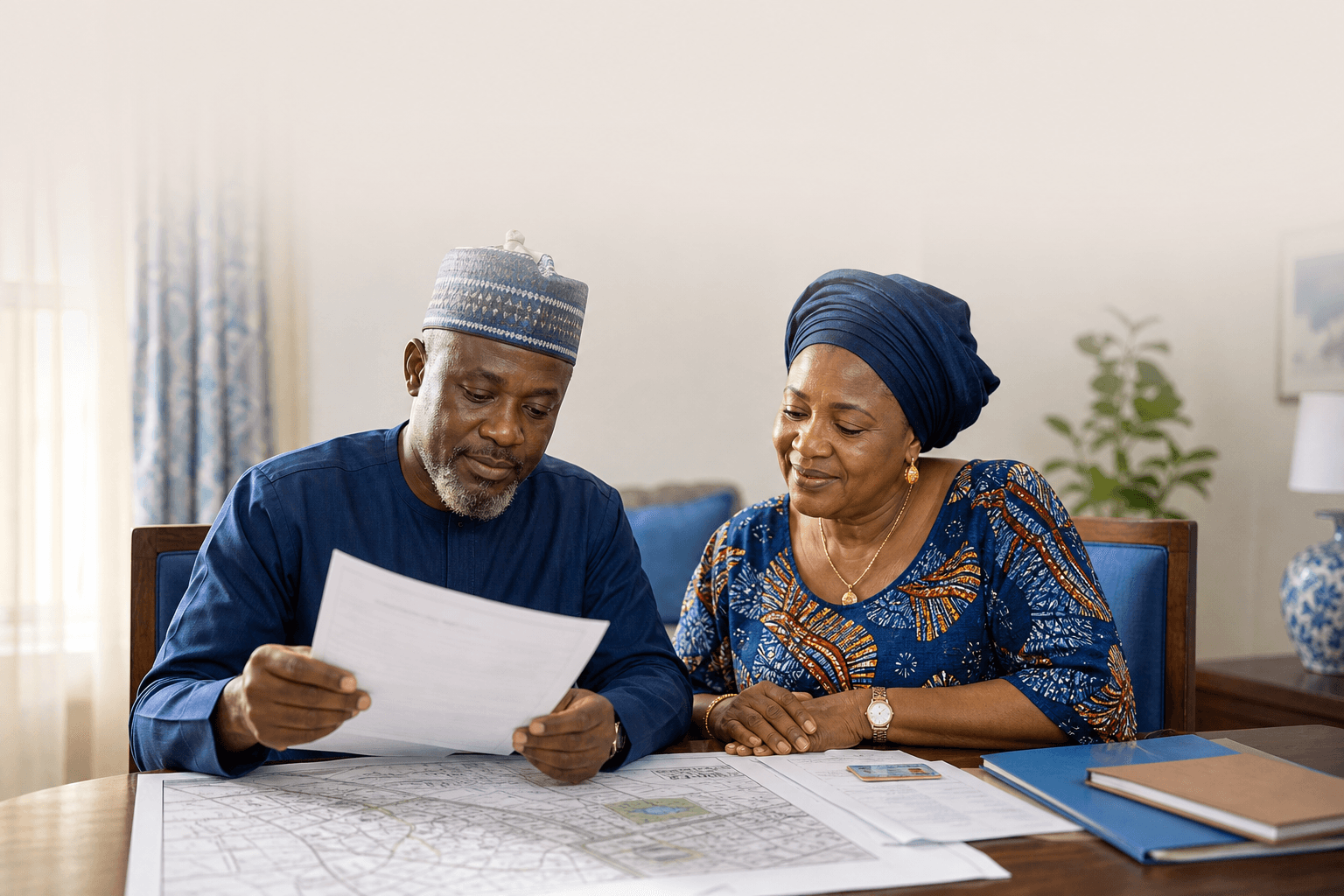 Landowner reviewing property documents at home