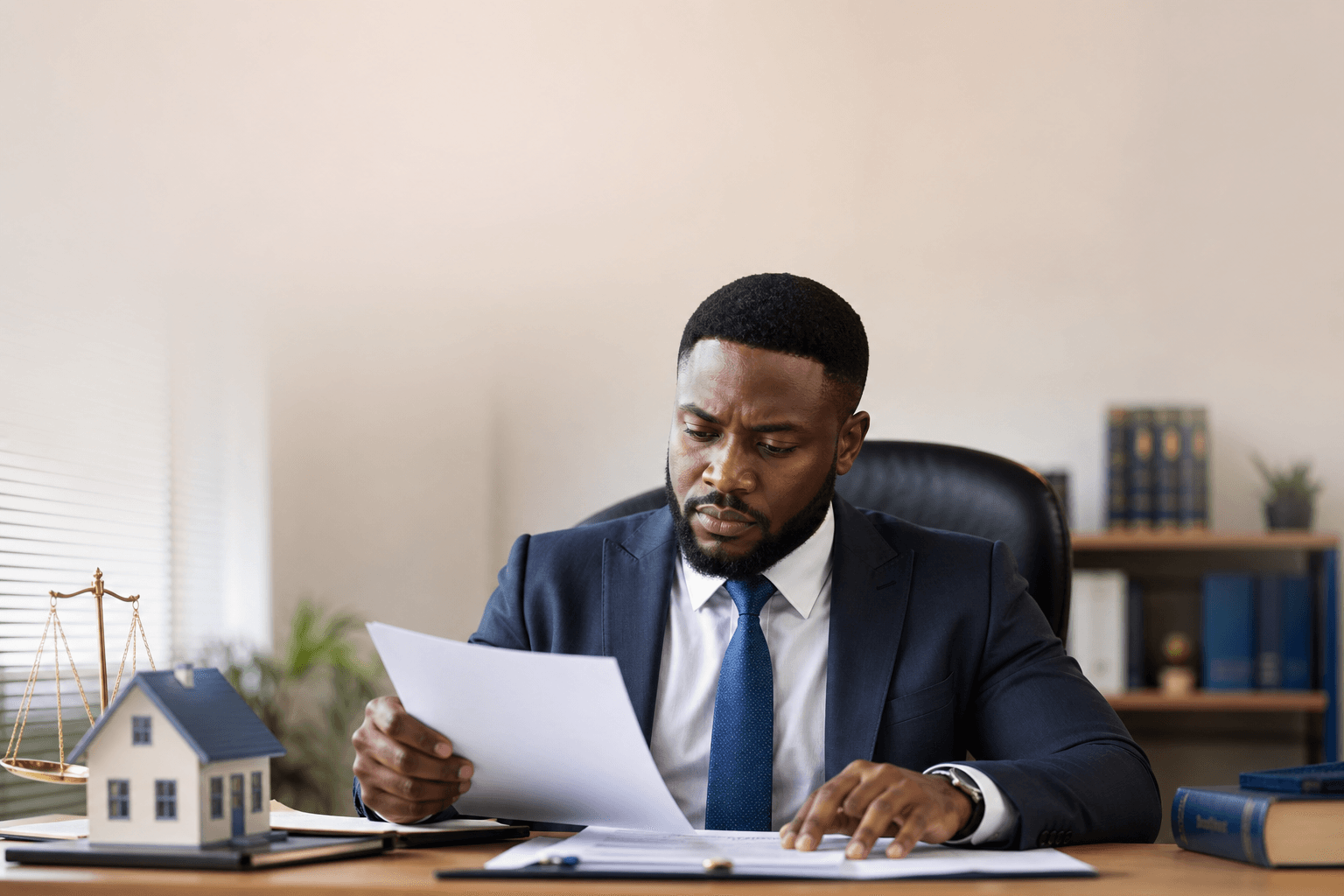 Property lawyer reviewing land title documents
